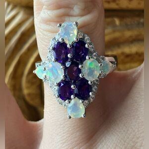 African Amethyst Ethiopian Opal Sterling Silver Cocktail Ring Size 7